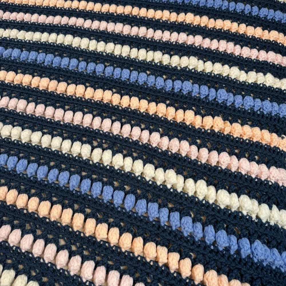 Vtg Colorful Fringe Bobble Crochet Knit Heavy Blanket Afghan 76
